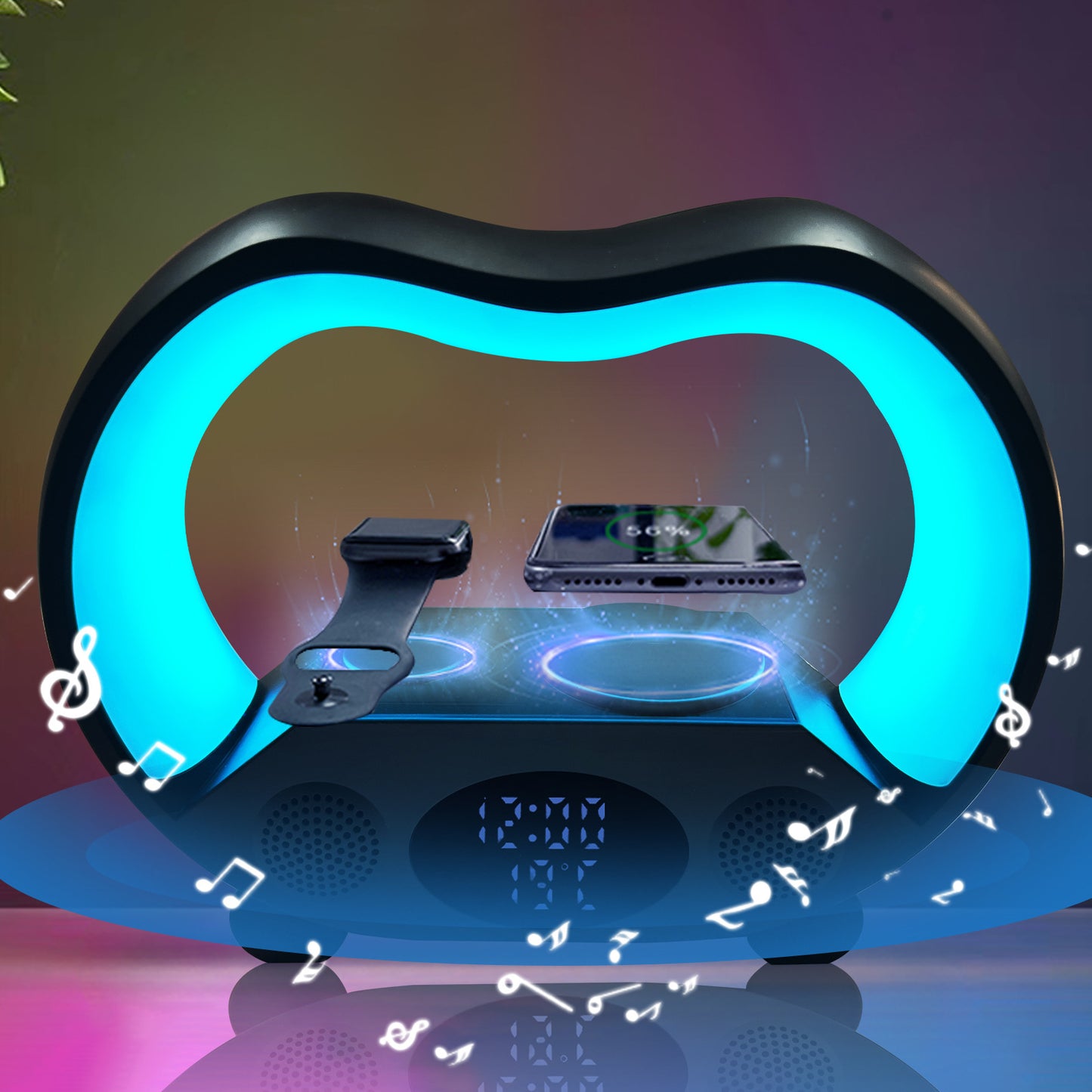 Lámpara 6‑en‑1: Luz RGB + Cargador Inalámbrico + Altavoz Bluetooth