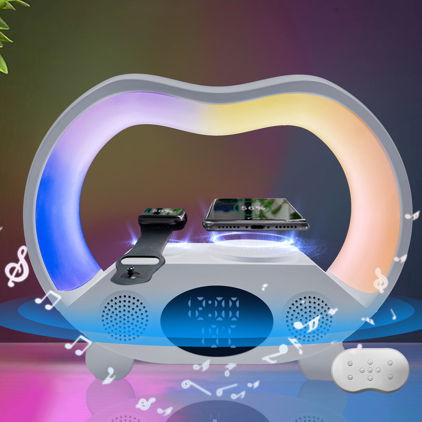 Lámpara 6‑en‑1: Luz RGB + Cargador Inalámbrico + Altavoz Bluetooth