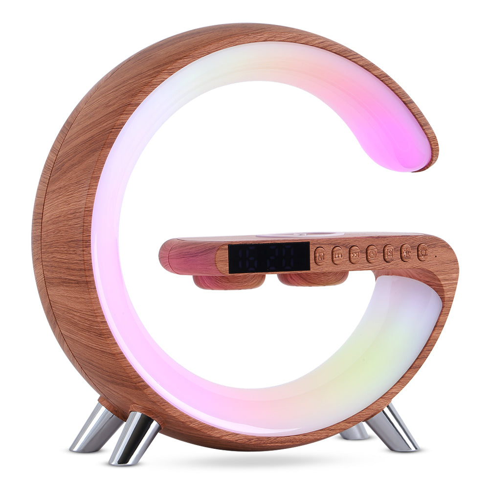 Lámpara LED Inteligente G-Shaped 4 en 1 – Luz Ambiental + Bocina Bluetooth + Cargador Inalámbrico + App Control ORVIA