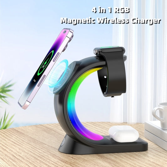 Base de Carga 4‑en‑1 con Luz RGB para iPhone, AirPods y Apple Watch