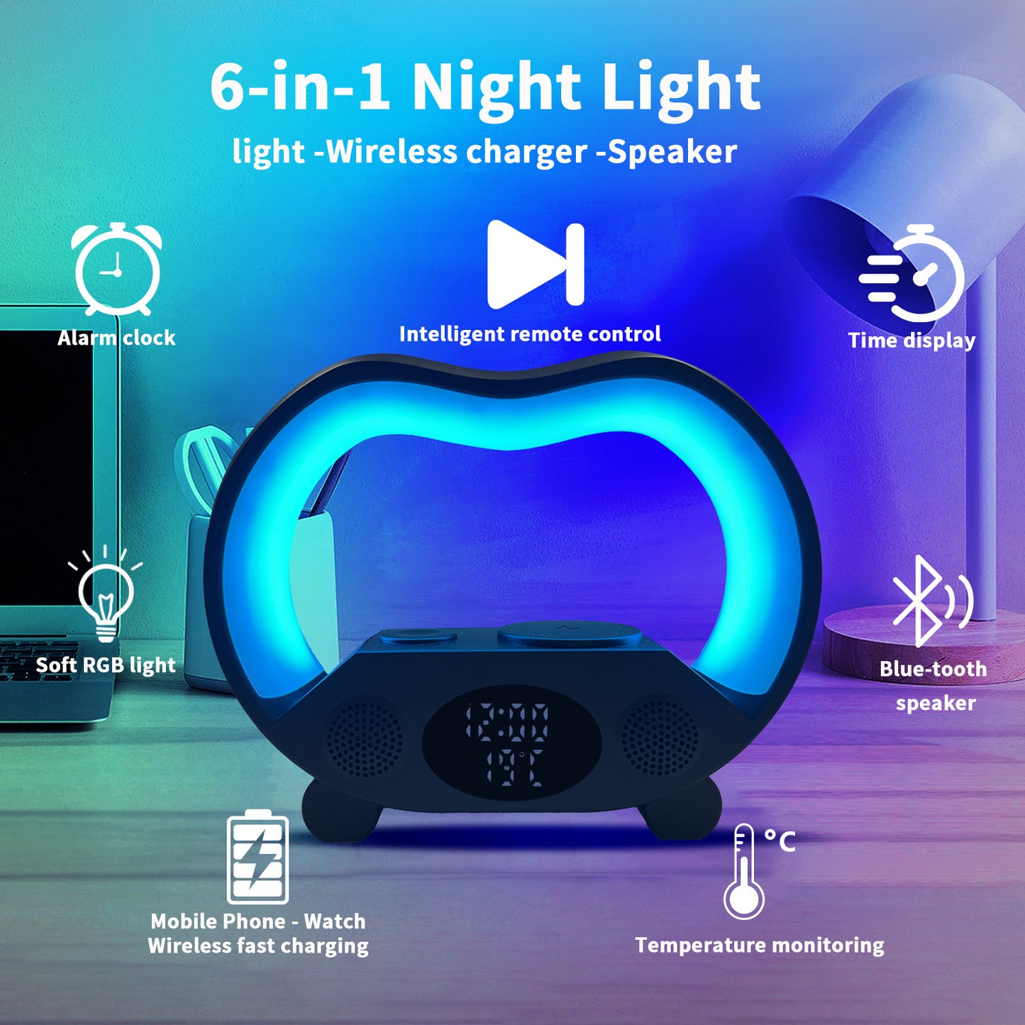 Lámpara 6‑en‑1: Luz RGB + Cargador Inalámbrico + Altavoz Bluetooth