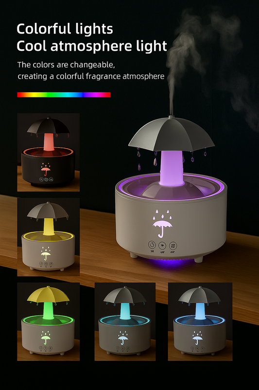 Humidificador Aromaterapia Tipo Paraguas con Luces LED y Simulación de Lluvia – Portátil para Hogar y Oficina