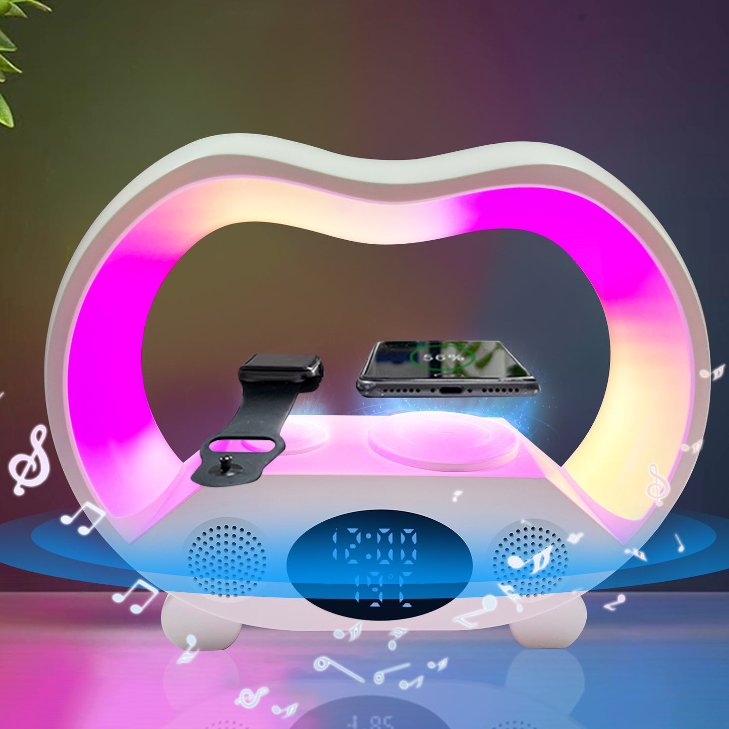 Lámpara 6‑en‑1: Luz RGB + Cargador Inalámbrico + Altavoz Bluetooth