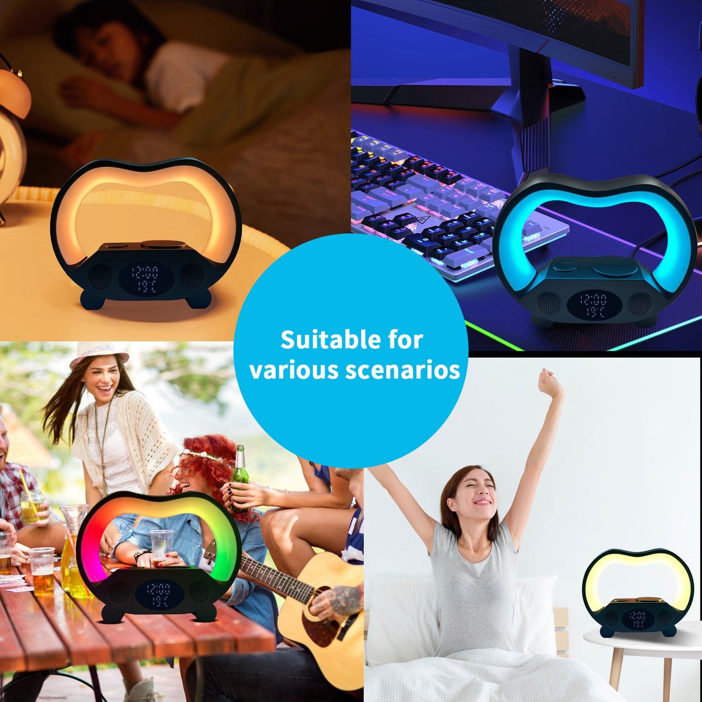 Lámpara 6‑en‑1: Luz RGB + Cargador Inalámbrico + Altavoz Bluetooth